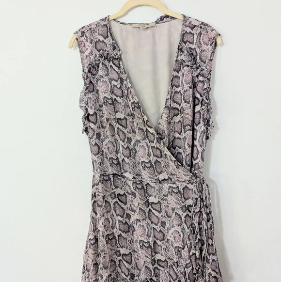 Allsaints Priya Snake Print Ruffle Pring Wrap Mini Dress Sleeveless Beige Large - Picture 3 of 11